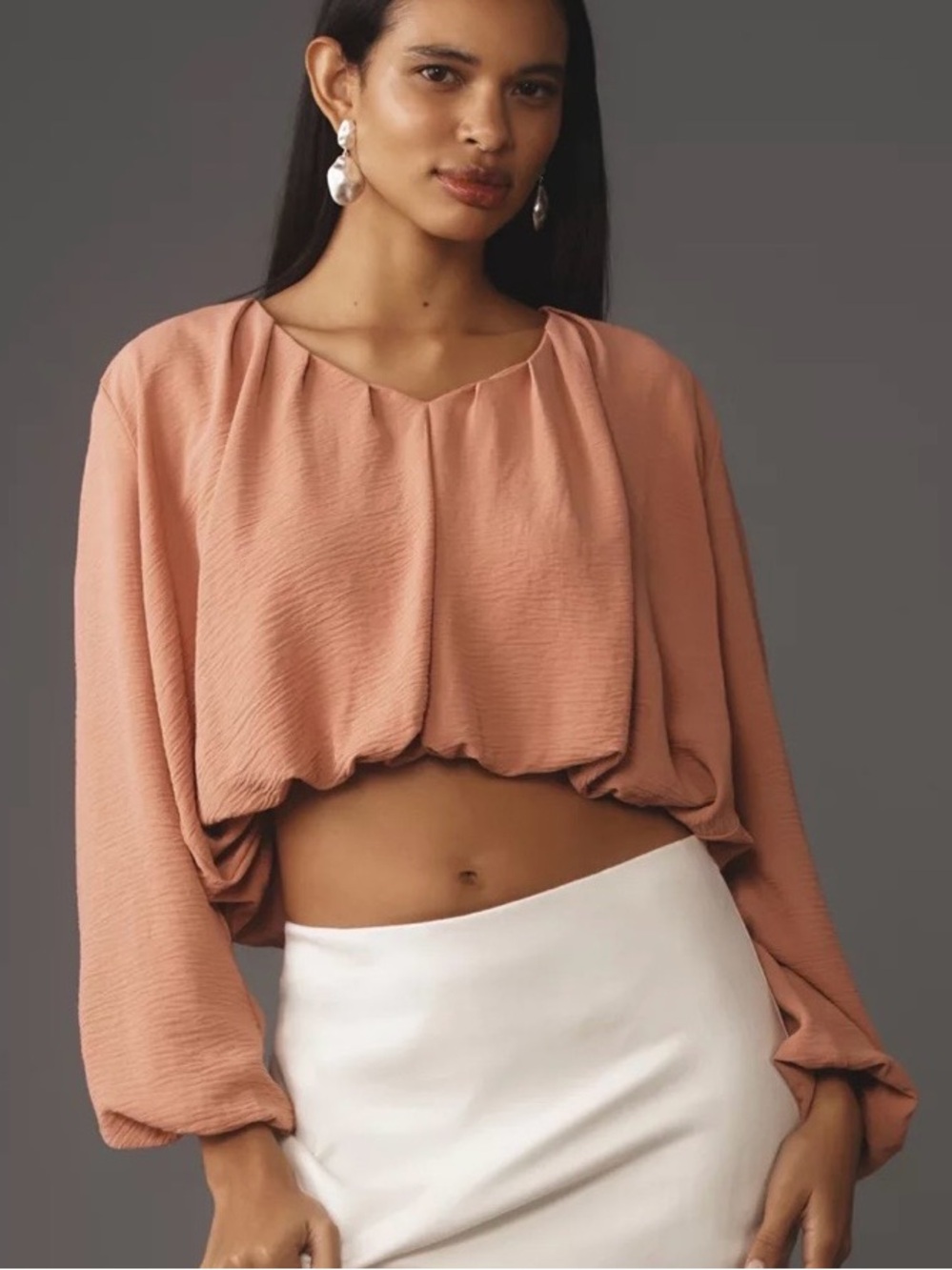 Bishop + Young Bubble Hem Long-Sleeve Blouse, Cropped, V Neck, Pink, Size M - Picture 1 of 16
